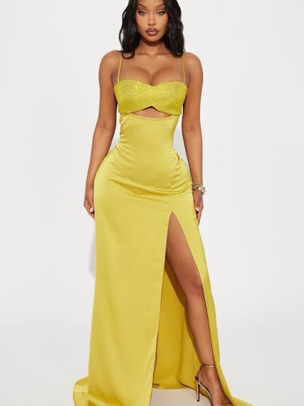 Fashion Nova Yellow Satin Cutout Prom Gown with Beaded Bust